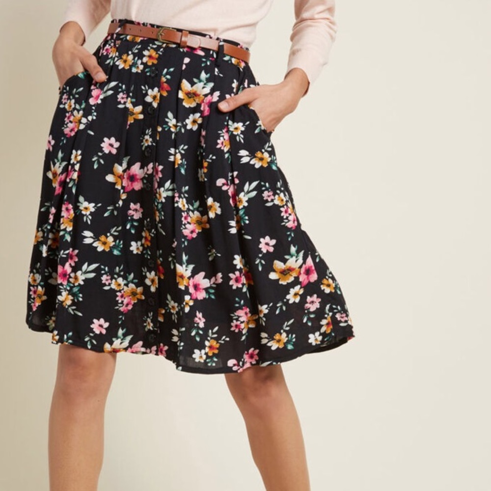 Modcloth Black Floral A-Line Skirt